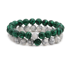 Set of two 8mm natural stone stretch bracelets featuring green malachite and white turquoise