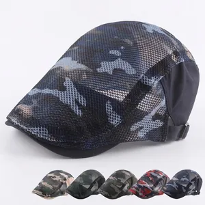 Breathable summer camouflage mesh flat cap with adjustable strap and cooling side panels