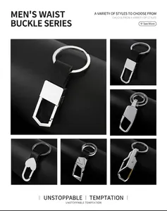 Detailed close-up of premium metal and leather keychains in six distinct elegant styles