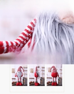 Detailed multi-angle views of Christmas gnome showing front side and back with striped hat