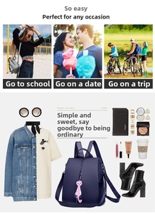 Detail view of navy nylon backpack styled with a cute pink cat charm in daily life scenes