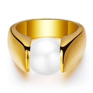 10MM 18K gold plated stainless steel ring with a large white cat eye stone center
