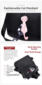 Detail of nylon backpack with anti-theft back pocket and cat pendant accessory