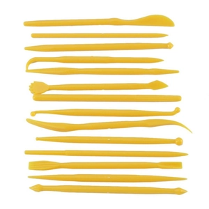 Set of 14 yellow plastic clay modeling tools with various shapes for DIY sculpting