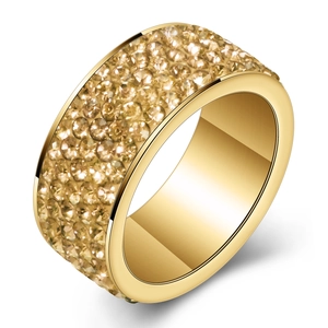 Luxury gold stainless steel ring with five rows of sparkling cubic zirconia stones
