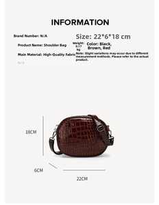 Size guide for crocodile pattern shoulder bag showing dimensions 22x6x18cm and 0.17kg weight