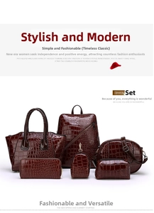 Brown crocodile pattern 6-piece backpack and handbag set with glossy finish