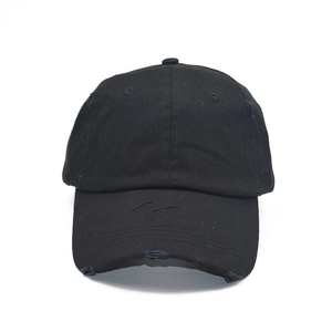 Distressed black cotton baseball cap with ponytail hole and vintage ripped edge details