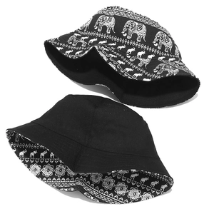 Reversible bucket hat with black side and ethnic elephant print in high quality canvas