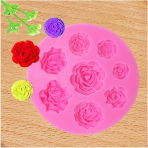 Pink silicone mold with nine rose cavities for DIY chocolate fondant cake decoration