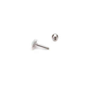 Polished stainless steel opal stud earring with a secure screw-back ball closure