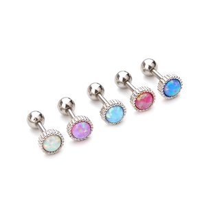 Polished stainless steel stud earrings with colorful opal stones in five vibrant shades