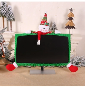 Detailed view of green plush Christmas monitor cover with 3D snowman and festive boots