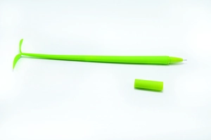 Detail showing flexible green leaf-shaped silicone pen with a detachable cap and matte finish