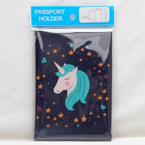 Navy blue PU leather unicorn passport holder shown in professional clear packaging