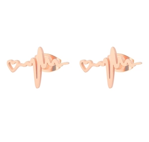 Macro shot of rose gold heartbeat earrings with hollow heart details in stainless steel