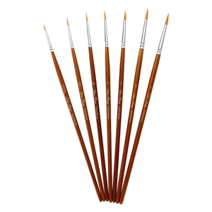 Set of 7 professional nylon fine detail paint brushes with brown wooden handles