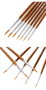 Detailed close-up of 7 nylon tip liner brushes with professional wooden handles for art