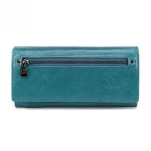 Teal leather long wallet detail showing rear zipper pocket and RFID protection logo