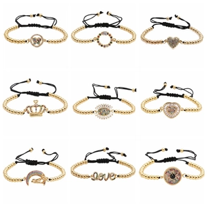 Adjustable woven bracelet set with 4mm gold copper beads and colorful zircon charms
