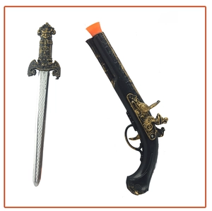Detailed pirate toy set with gold-embossed black flintlock pistol and silver patterned sword