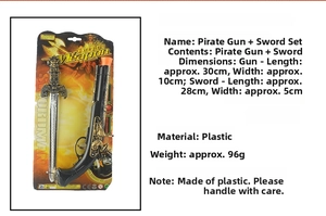Pirate cosplay accessory set featuring antique black toy gun and silver plastic sword