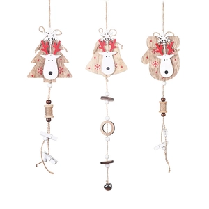 Three-piece wooden Christmas pendants with reindeer patterns including tree, bell, and glove