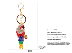 Detailed view showing the dimensions of the colorful rhinestone parrot keychain