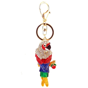 Colorful enamel parrot keychain with sparkling rhinestones and golden metal lobster clasp