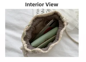 Internal view of a woven bucket bag showing spacious lining for phone and wallet