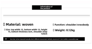 Detailed size and specs chart for lightweight woven drawstring bucket shoulder bag