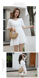 Detailed view of a white eyelet embroidery dress with a woven straw crossbody bag