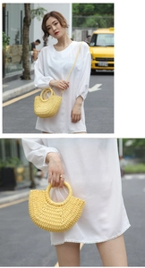 Detailed shot of yellow mini woven straw bag with circular handle and crossbody strap