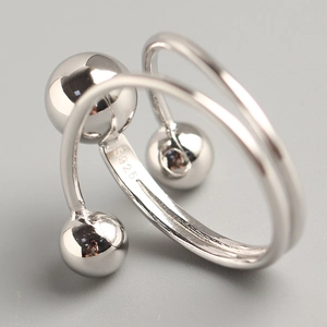 Minimalist S925 sterling silver open ring featuring a double-line bead crossover design