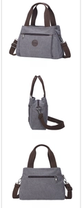 Three-view detail of grey canvas multi-pocket handbag with adjustable brown straps