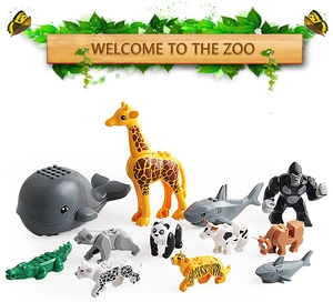 Detailed set of 12 plastic zoo animal building blocks including giraffe and gorilla