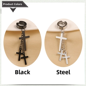 Three-layer cross dangle earrings in black and steel colors with polished finish