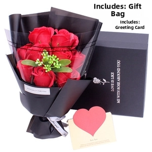 Detail of red soap rose bouquet with black luxury gift box and greeting card set