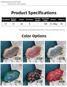 Detailed size chart and dimensions for the colorful PU sequin lip-shaped crossbody bag