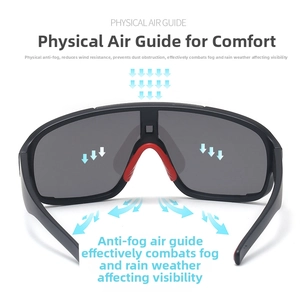 Detail view of sports sunglasses featuring physical air guide and red anti-slip nose pads