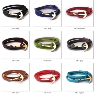 Grid display of double-layer leather anchor bracelets in nine different color variants