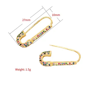 Micro-pave colorful zircon safety pin earrings in gold finish for women, 27mm length