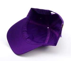 Detailed view of purple baseball cap interior with stitching and adjustable strap