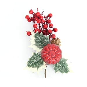 Artificial red berry spray with pumpkin and holly leaves for Christmas floral decor