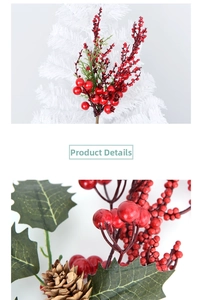 Macro shot of artificial red berries with natural pine cones and green holly leaves