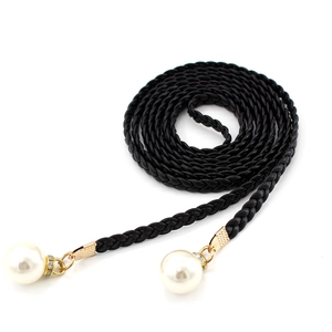 Elegant black woven rope waist belt for women featuring white faux pearl ends and gold accents