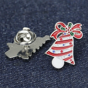 Cartoon Christmas bell brooch with red bow and striped enamel finish, front and back views
