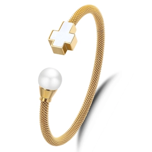 Edelstahl Armreif Mit Künstliche Perle Und Kreuz Mesh Kabel Draht Eleganter Mode Schmuck Für Damen