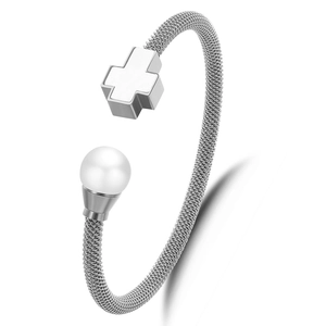 Offenes Edelstahl-Kabelarmband in Silber mit Perle und Kreuzverzierung