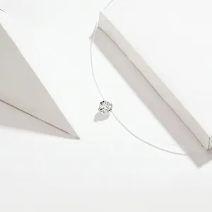 Minimalist 925 sterling silver invisible fish line necklace with a single zircon pendant